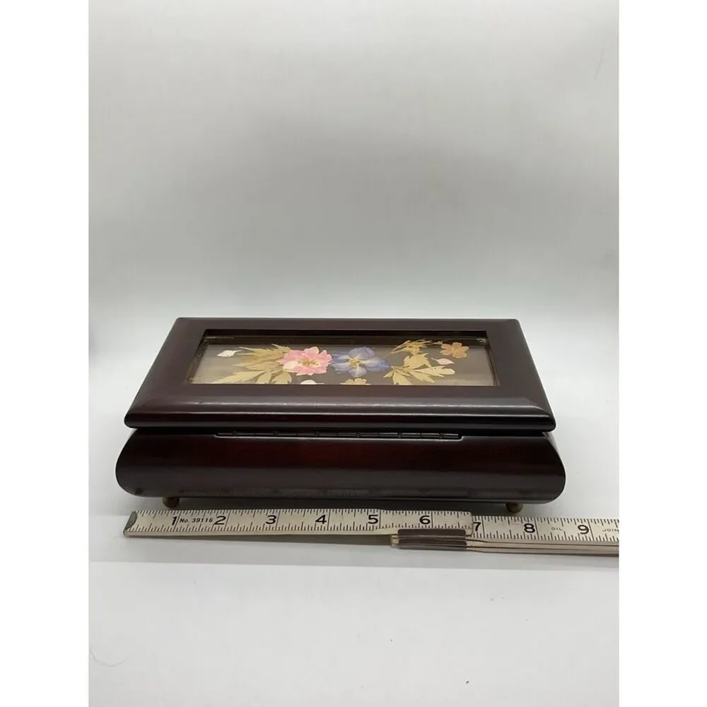 Vintage Bombay Company Floral Inlay Wooden Music Box - Plays Love story